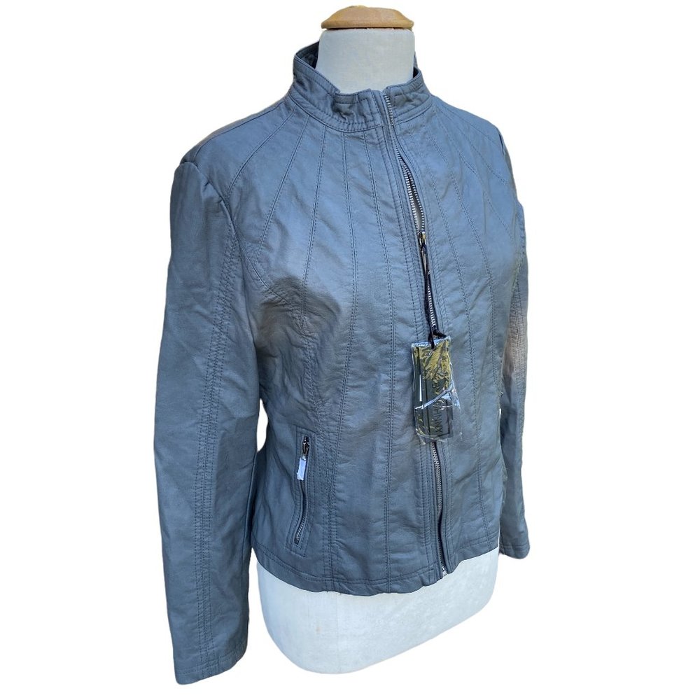 NWT Made By Johnny Women's Gray Y2K Vegan Leather Bomber Moto Baddie Jacket-L